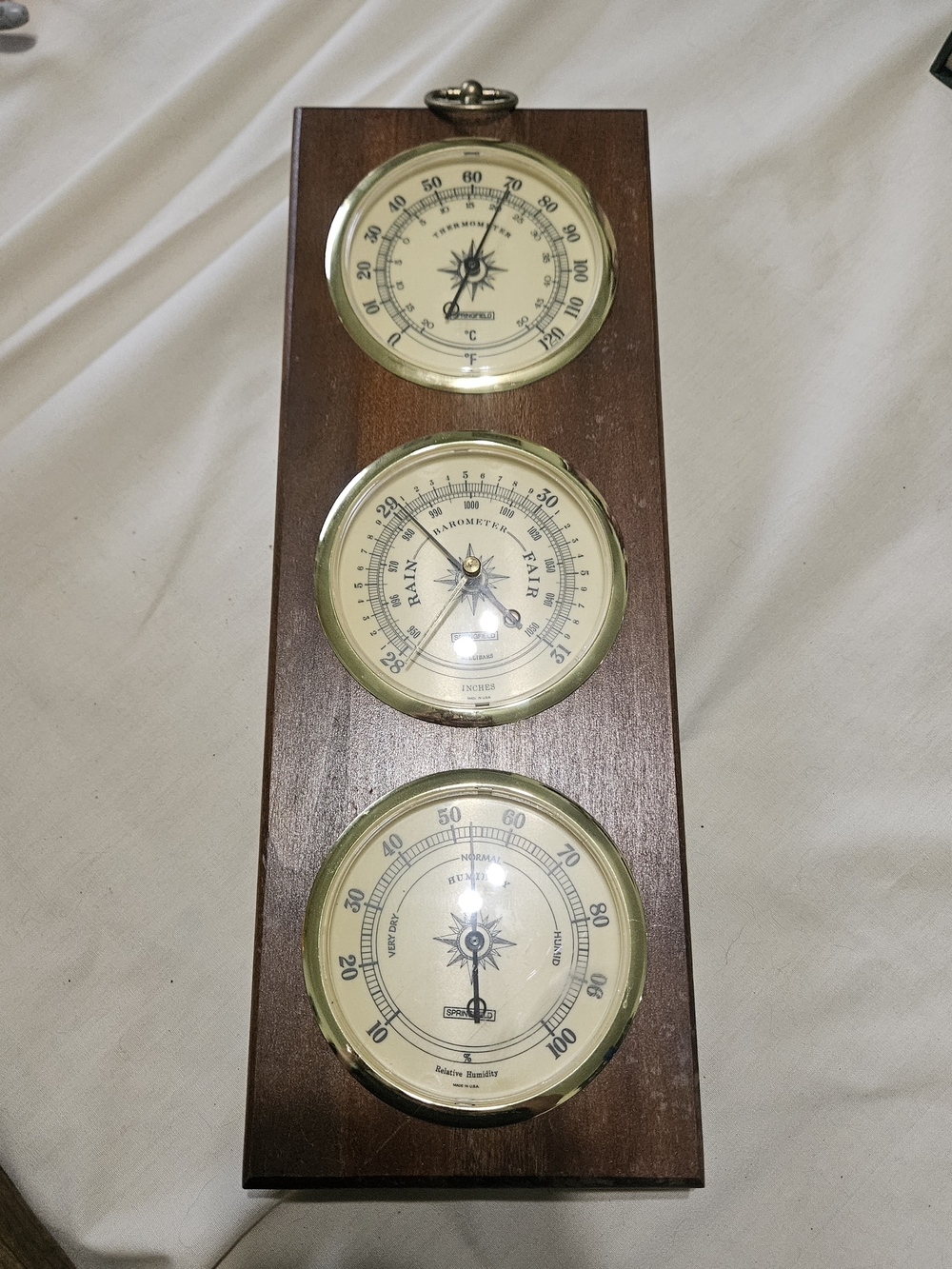 Brown Wood Wall Weather Station with Cream Dials